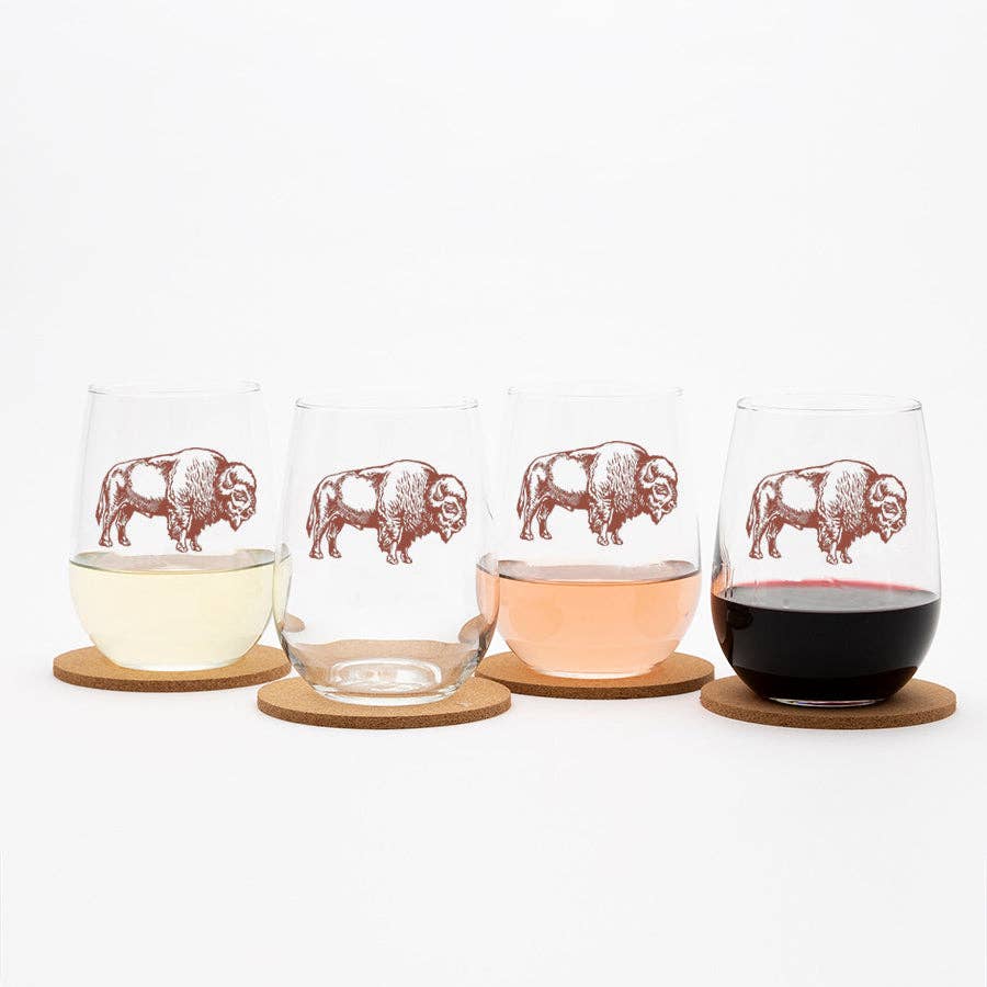 Four stemless wine glasses with bison illustrations on a white background
