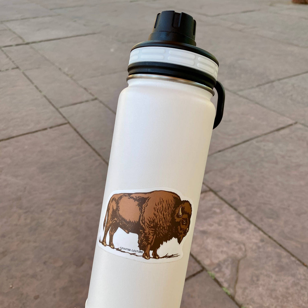White water bottle with a brown bison illustration on a brick pavement background