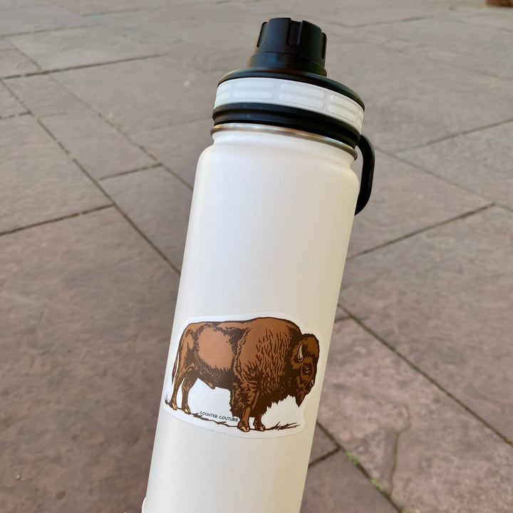 White water bottle with a brown bison illustration on a brick pavement background