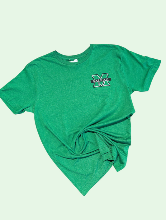 Green t-shirt with a logo on a light green background
