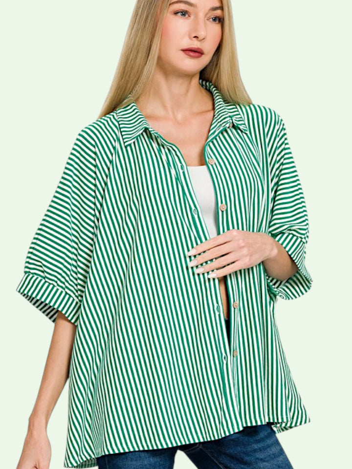 open front striped blouse on a blonde model