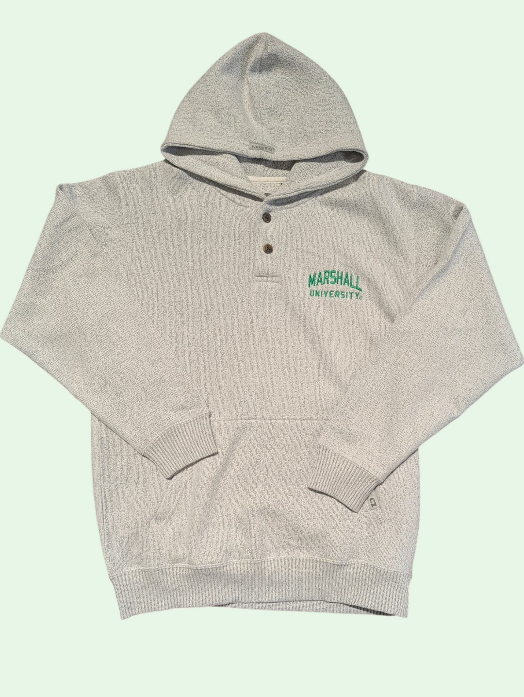 Gray hoodie with 'Marshall University' text on a light green background