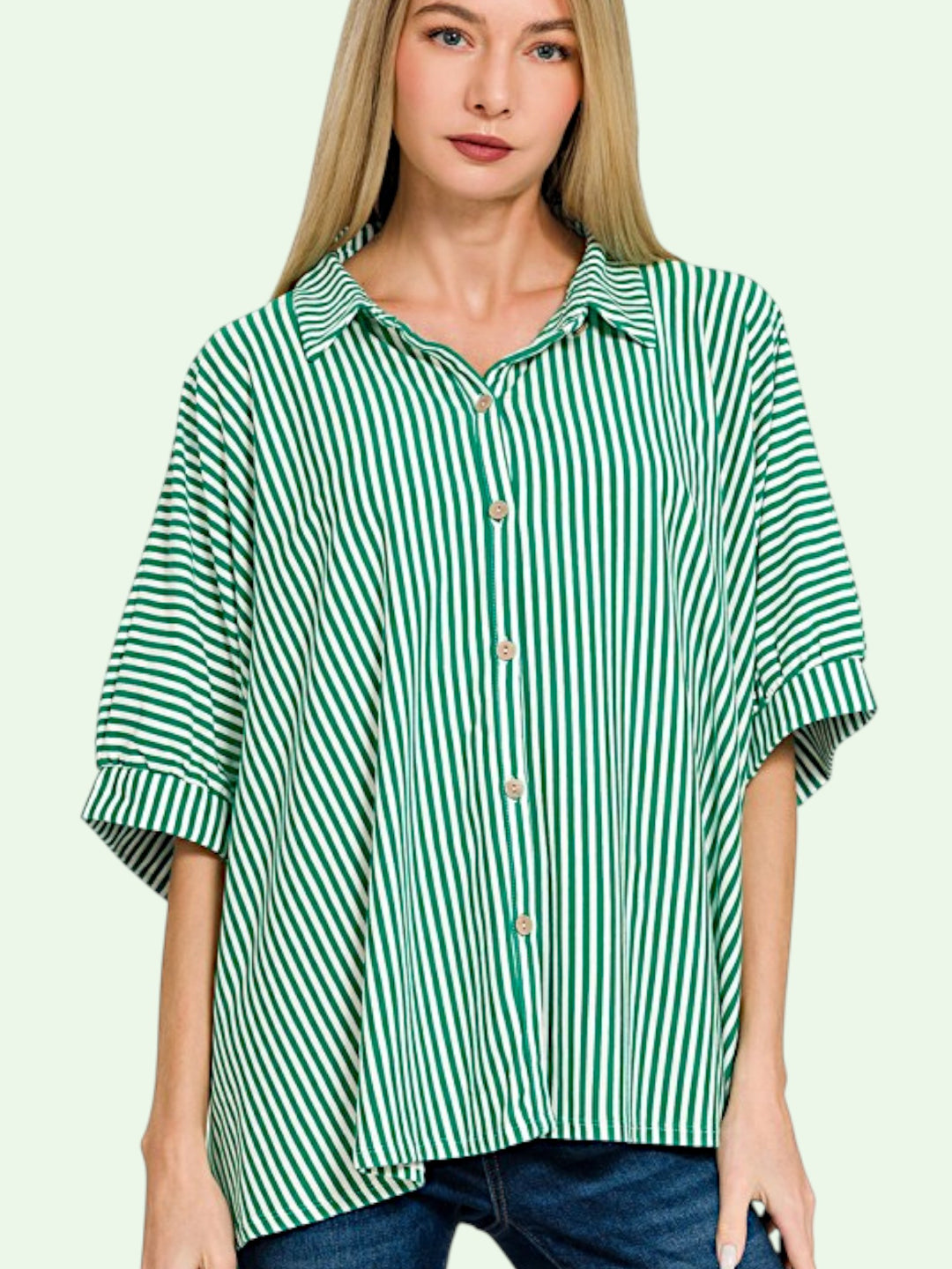 the stripe blouse shown on a model with a closed front