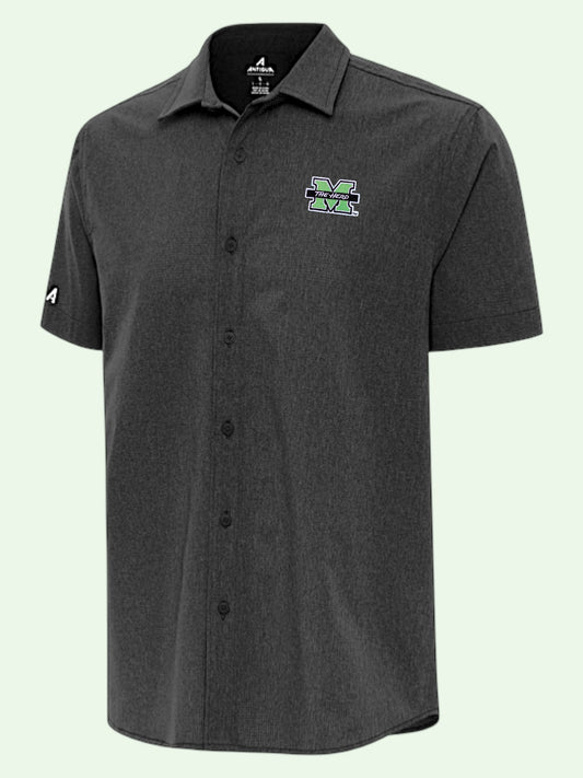 Dark gray button-up shirt with a logo on a light gray background