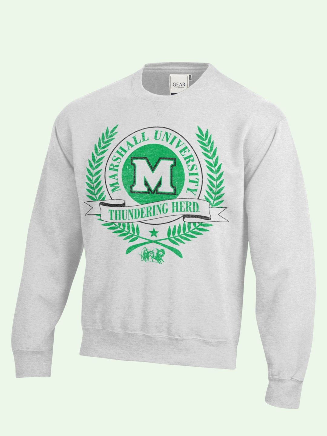 Gray sweatshirt with Marshall University logo on a light green background