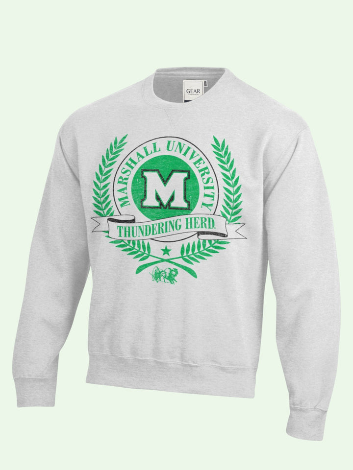 Gray sweatshirt with Marshall University logo on a light green background