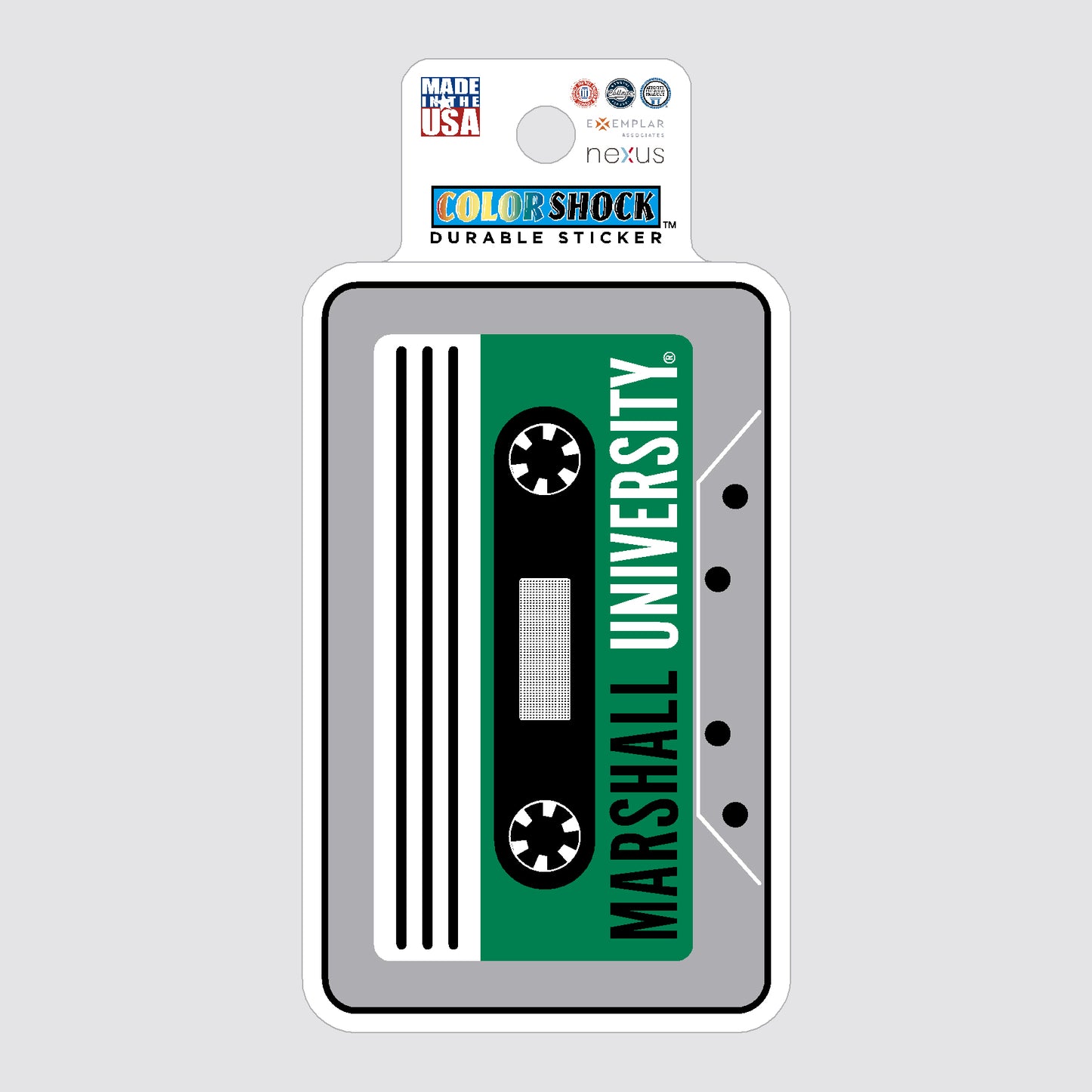 Marshall University cassette tape design sticker with packaging on a gray background