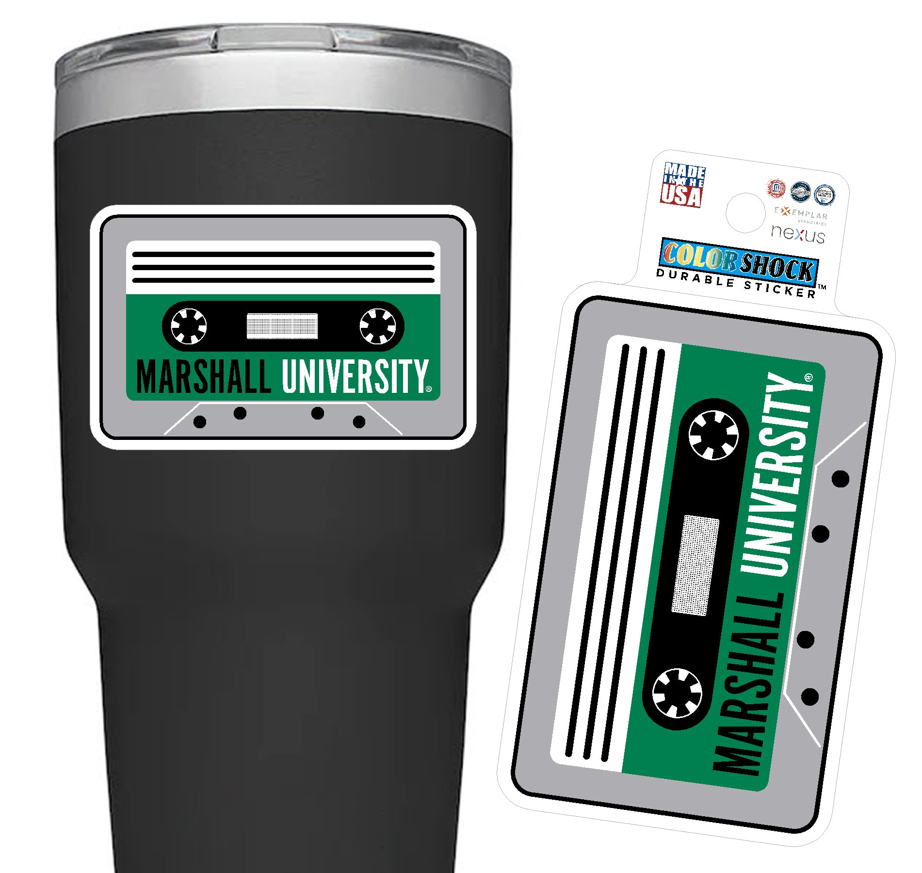Black tumbler with Marshall University cassette tape design and matching sticker on a white background