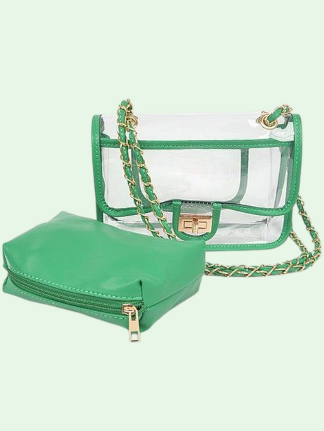 Green handbag with a clear pouch and gold chain on a light green background