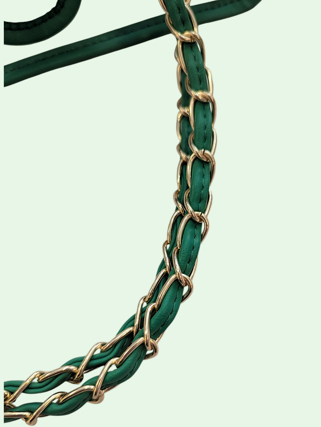 Green leather strap with gold chain detailing on a light green background