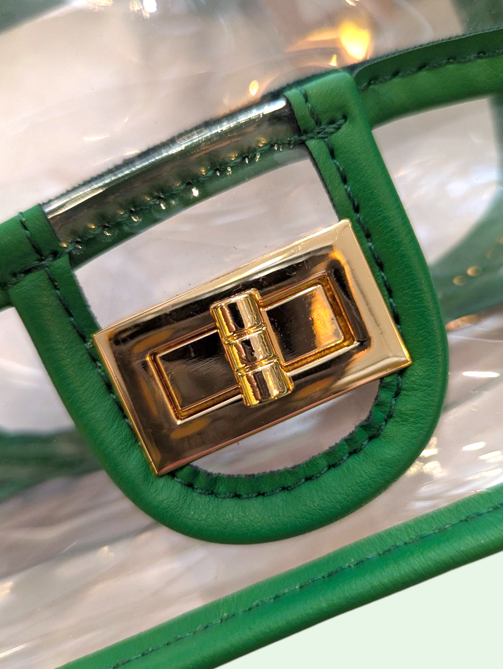 Close-up of a green handbag with a gold clasp on a clear background