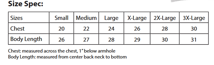 Size chart for clothing with chest and body length measurements.