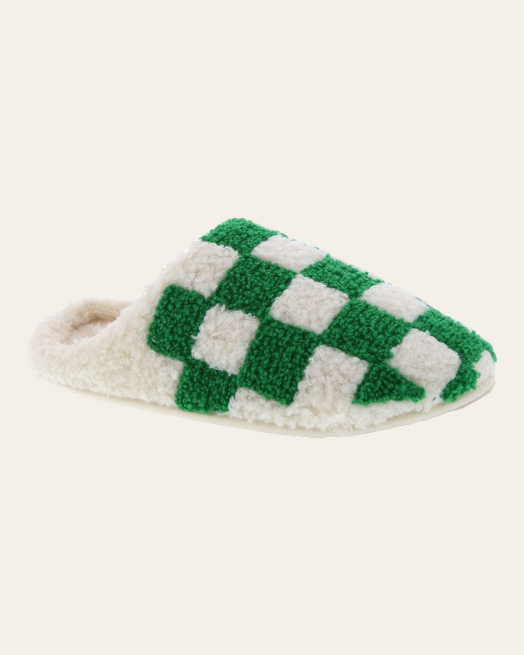 a side view of the checkered fuzzy slipper on a white background