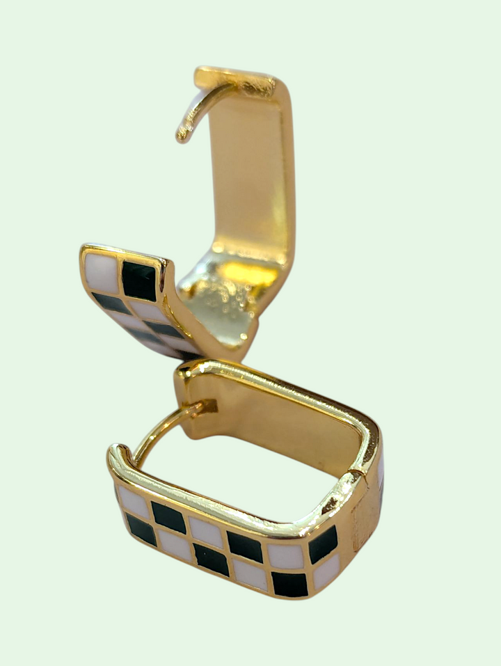 Gold and black checkered earring on a light green background