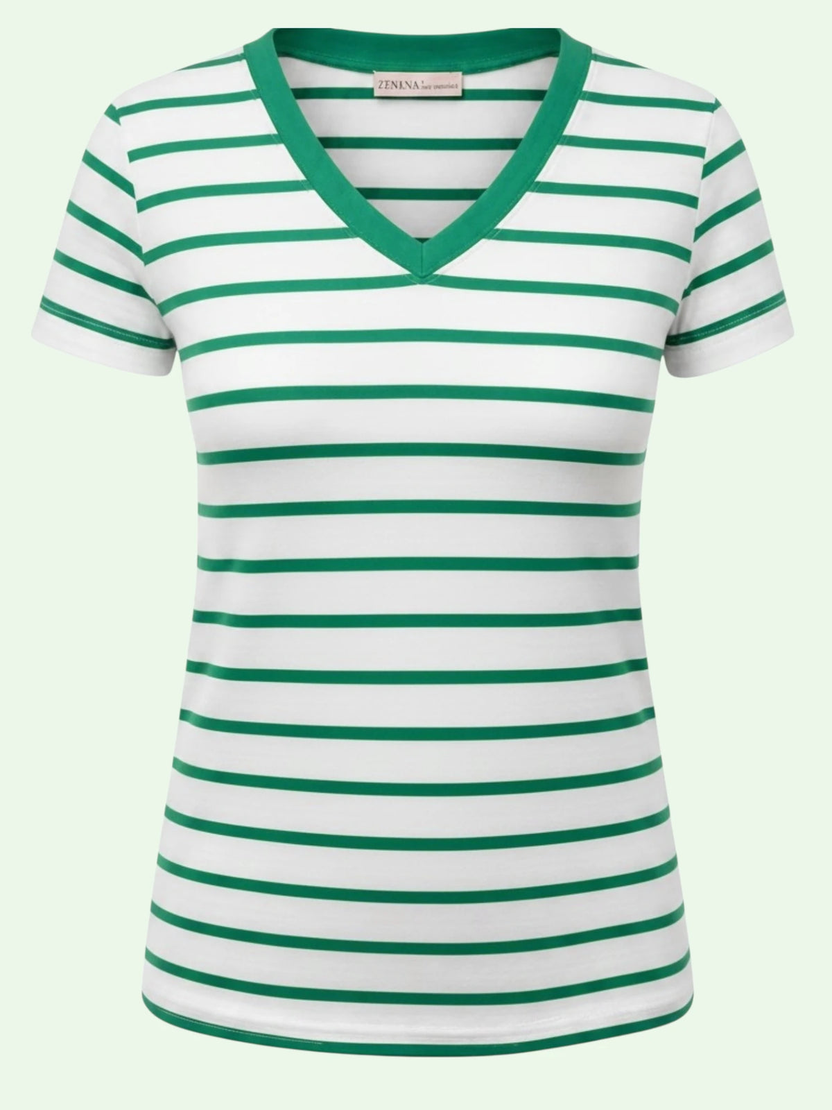 A women's short-sleeve V-neck t-shirt with horizontal green and white stripes, featuring a solid green v-neck trim and collar.