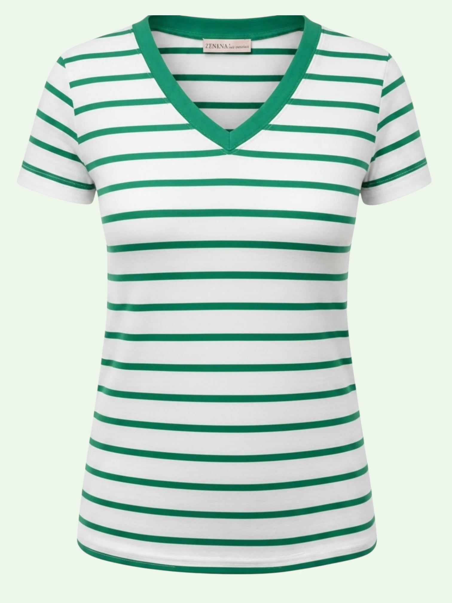 A women's short-sleeve V-neck t-shirt with horizontal green and white stripes, featuring a solid green v-neck trim and collar.