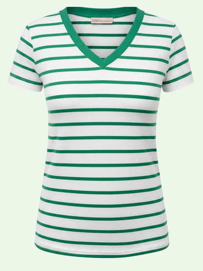 A women's short-sleeve V-neck t-shirt with horizontal green and white stripes, featuring a solid green v-neck trim and collar.