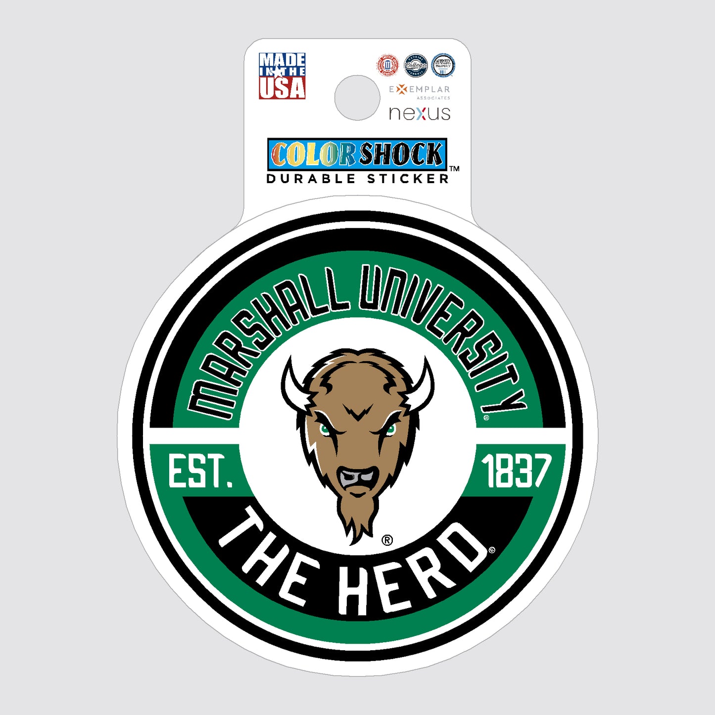 Marshall University sticker with logo and text on a gray background