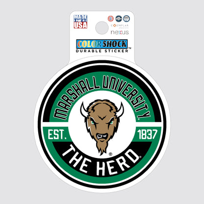 Marshall University sticker with logo and text on a gray background