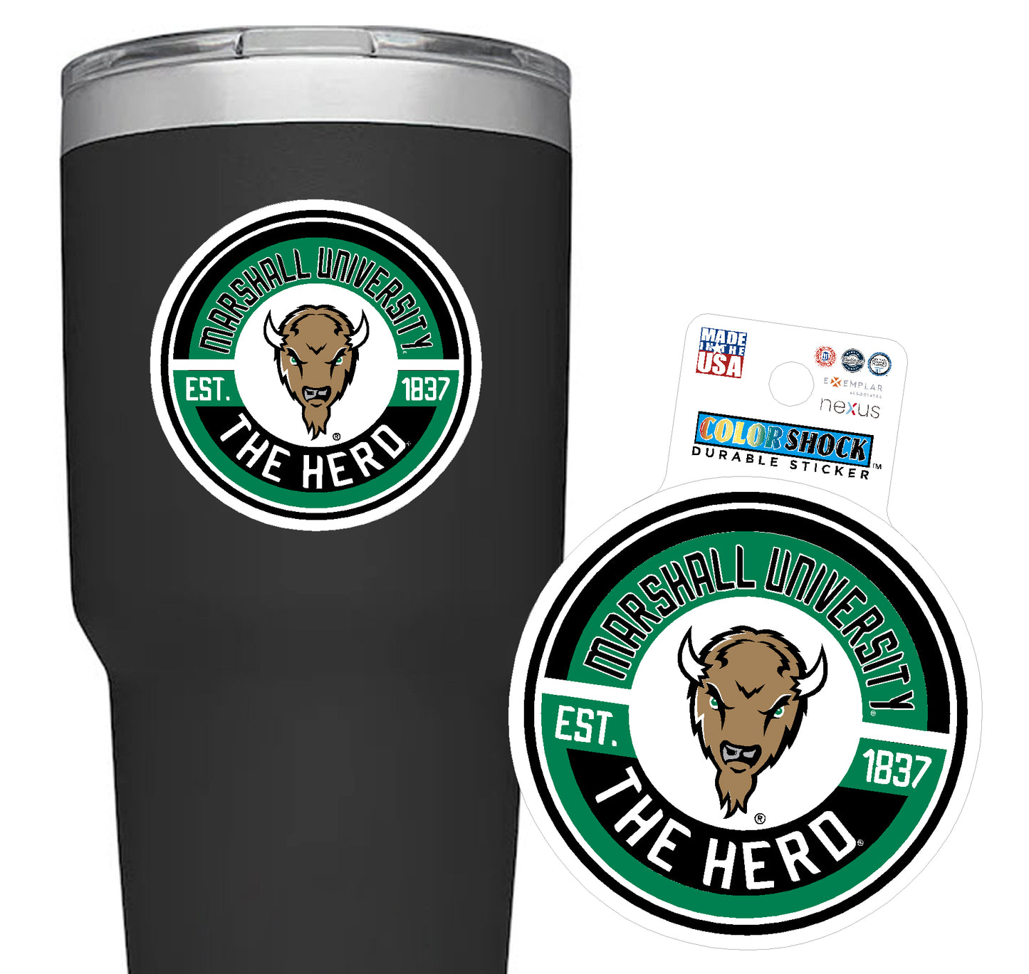 Black tumbler with Marshall University logo and 'The Hero' text, next to a matching sticker.