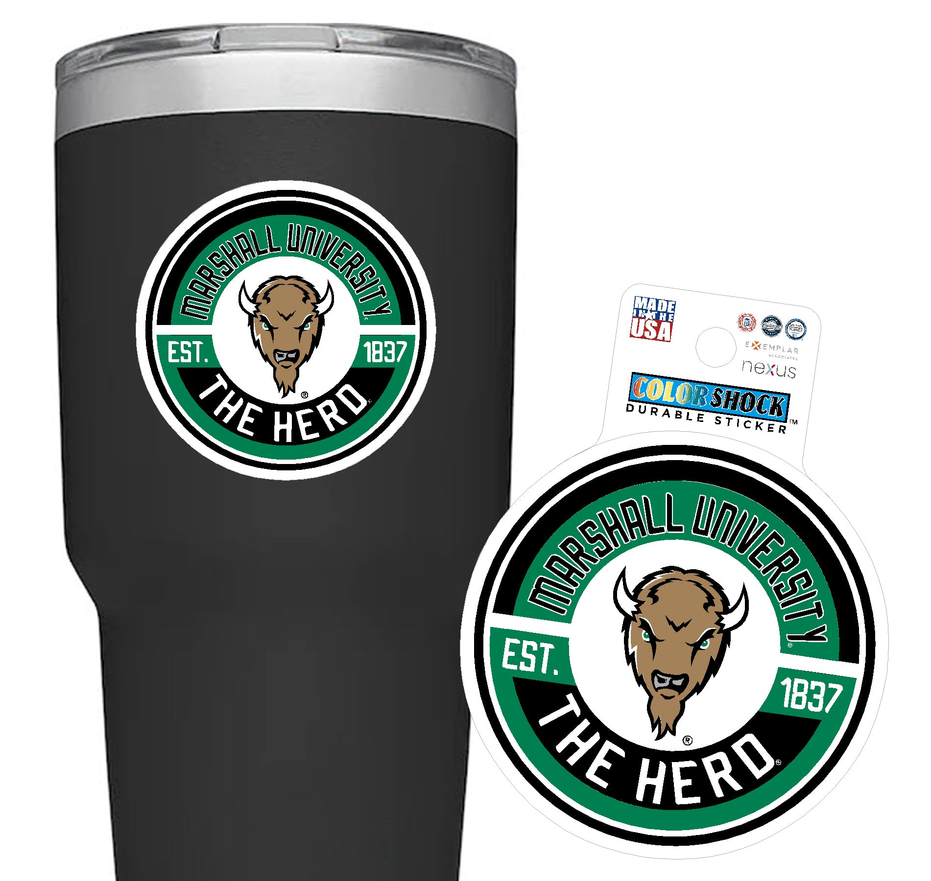 Black tumbler with Marshall University logo and 'The Hero' text, next to a matching sticker.