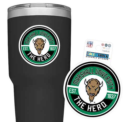 Black tumbler with Marshall University logo and 'The Hero' text, next to a matching sticker.
