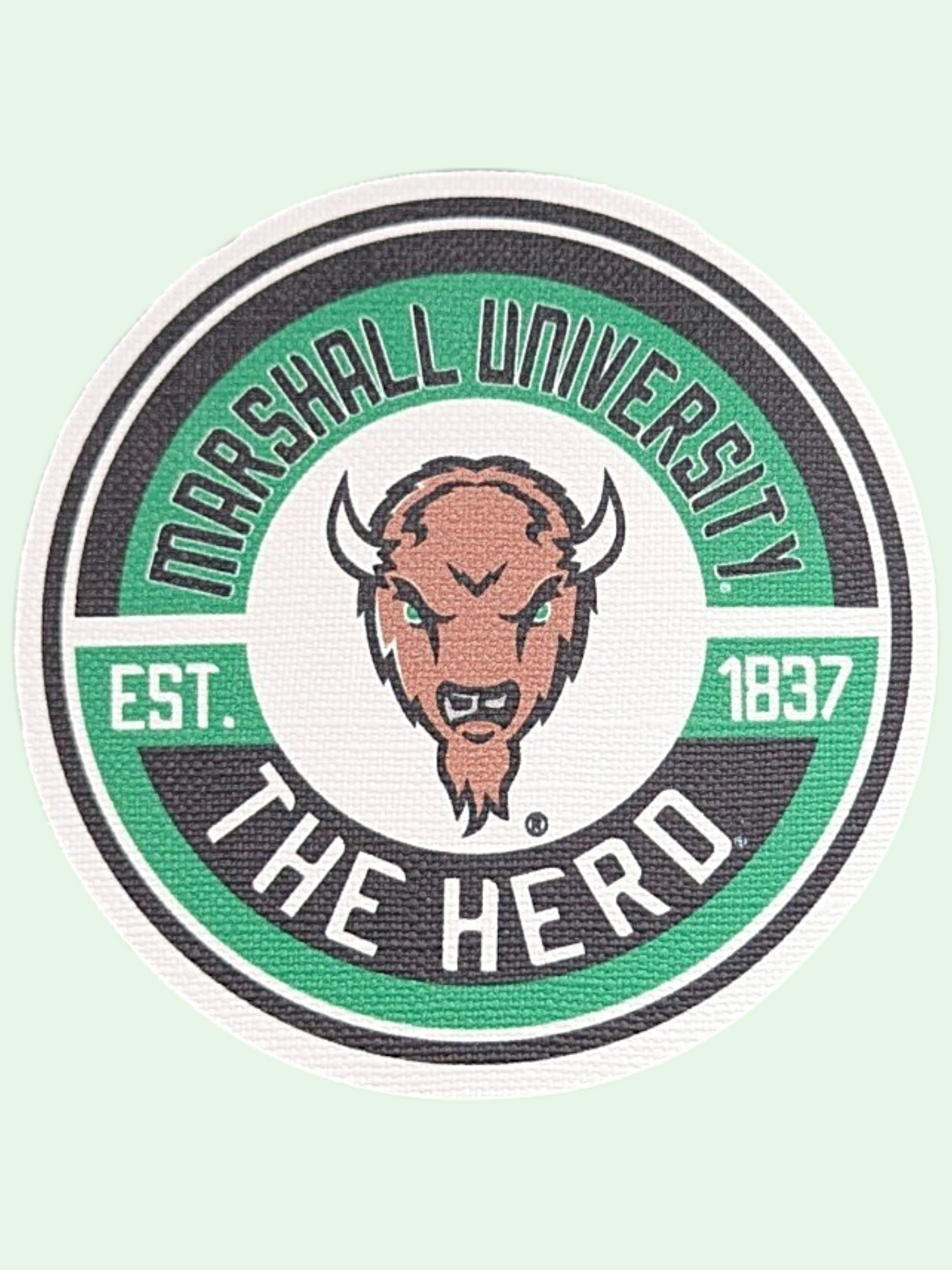 Marshall University logo with a bison head on a light green background