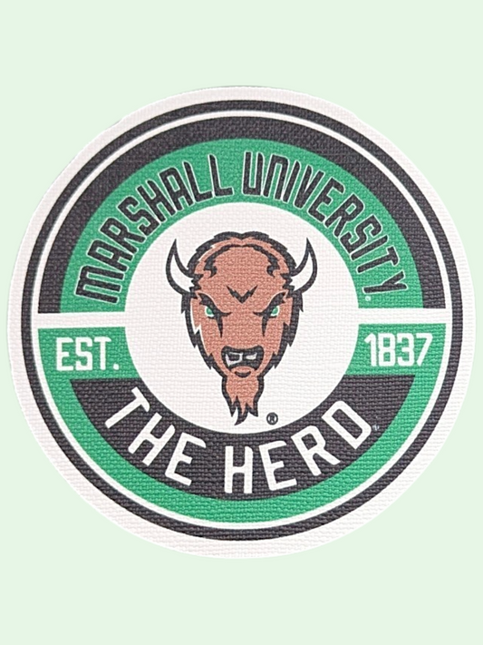 Marshall University logo with a bison head on a light green background