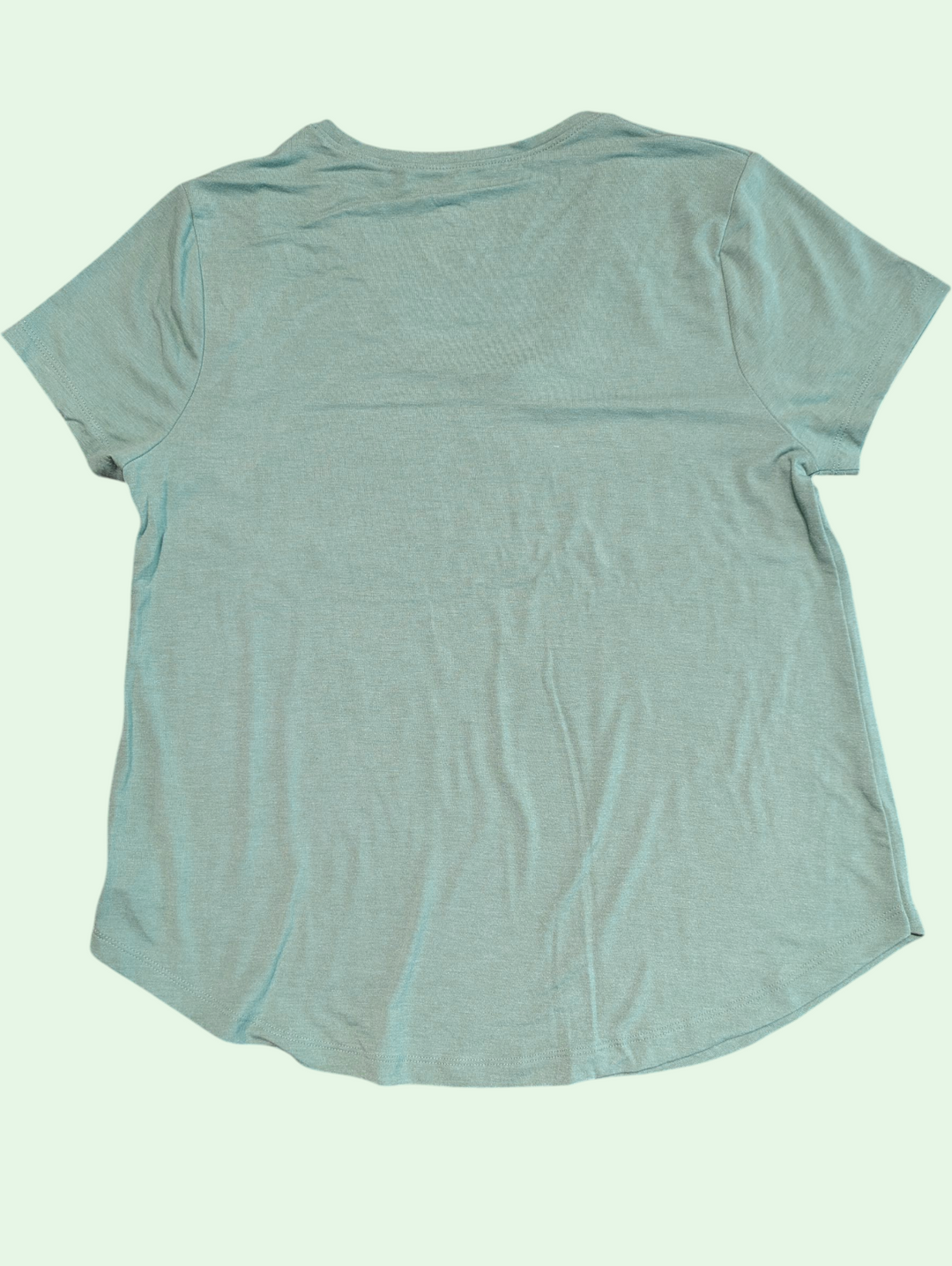 Back view of a light green t-shirt on a white background