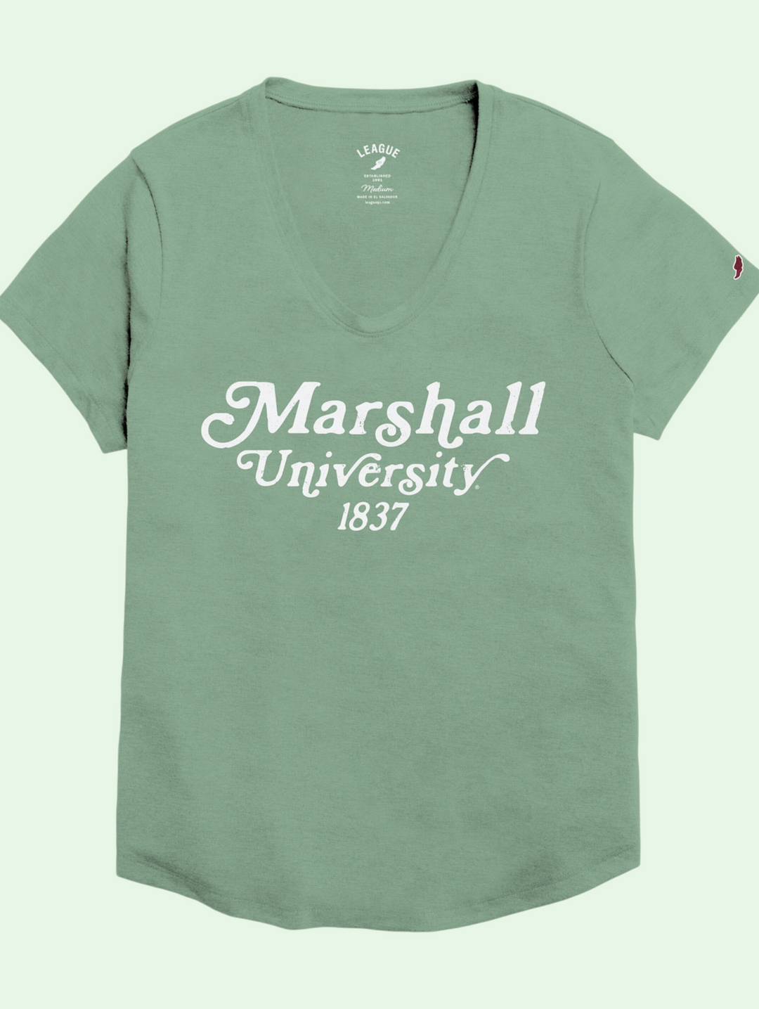 Green t-shirt with 'Marshall University 1837' text on a light green background