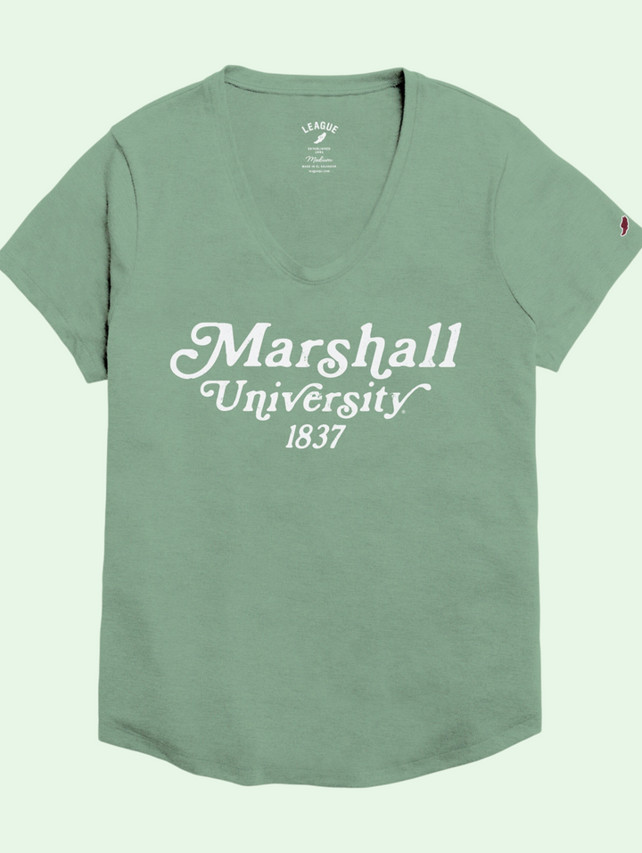 Green t-shirt with 'Marshall University 1837' text on a light green background