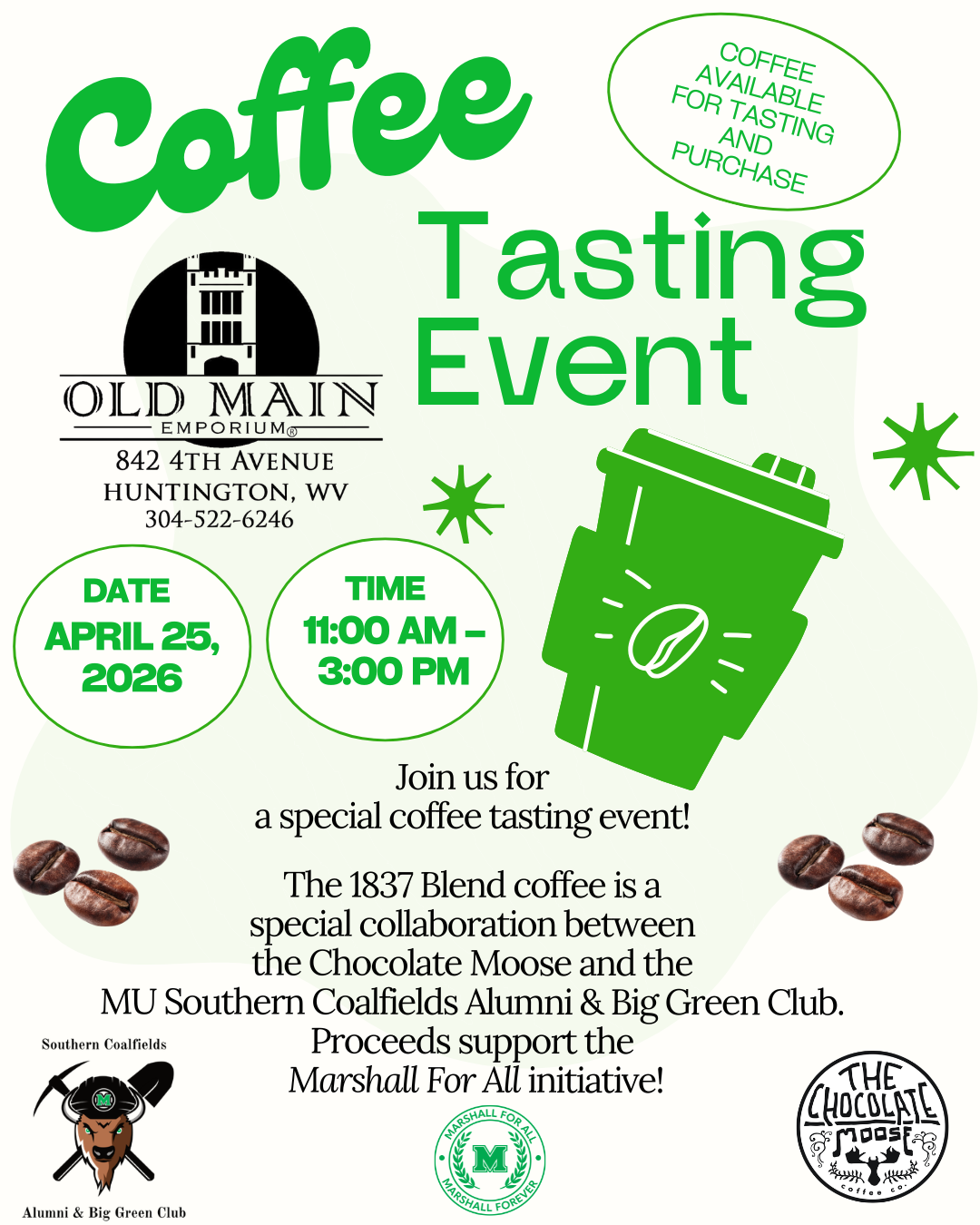 Promotional flyer for a coffee tasting event at Old Main Emporium.