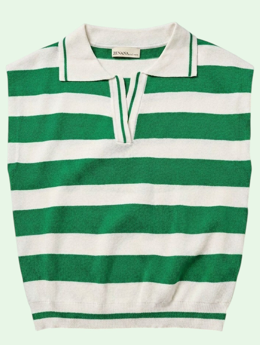 A green and white horizontally striped knit polo shirt with a collar and three-button placket, shown flat against a pale mint green background.