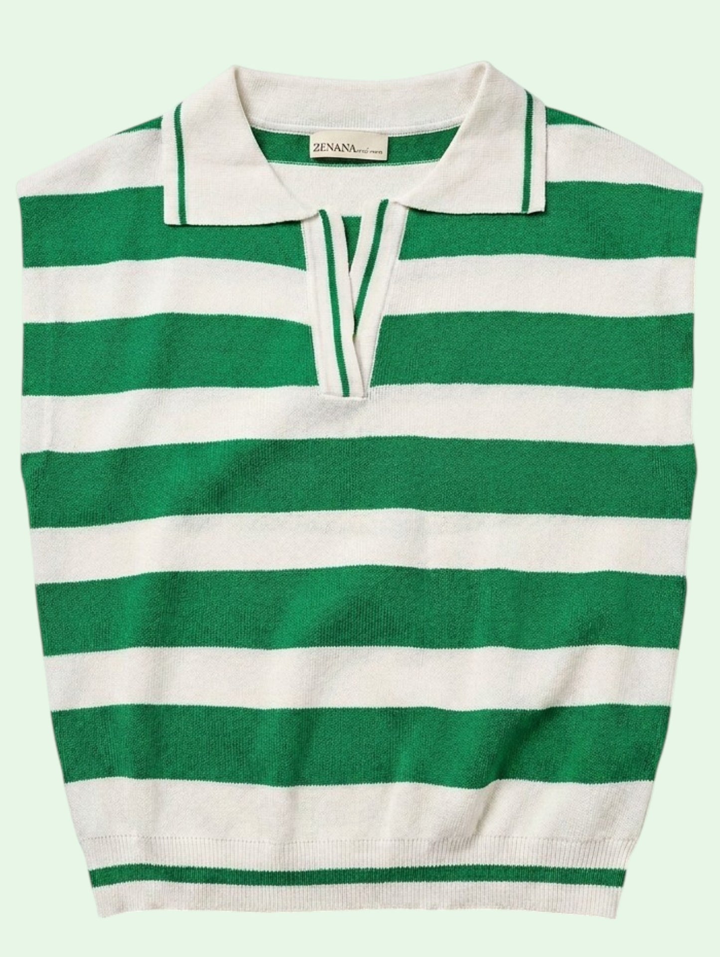A green and white horizontally striped knit polo shirt with a collar and three-button placket, shown flat against a pale mint green background.