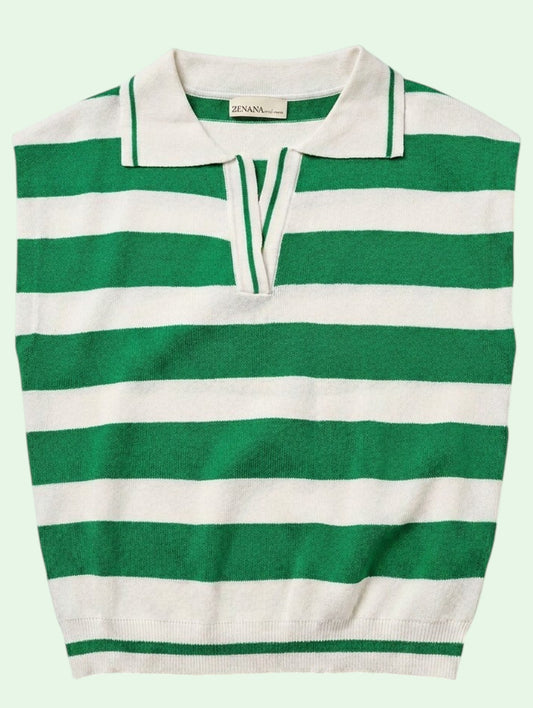 A green and white horizontally striped knit polo shirt with a collar and three-button placket, shown flat against a pale mint green background.