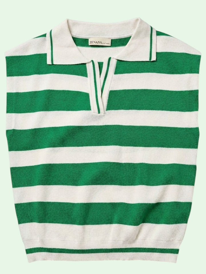 A green and white horizontally striped knit polo shirt with a collar and three-button placket, shown flat against a pale mint green background.