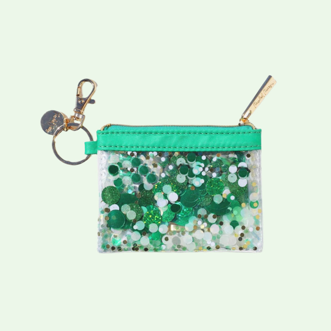 Green glittery pouch with keychain on a white background