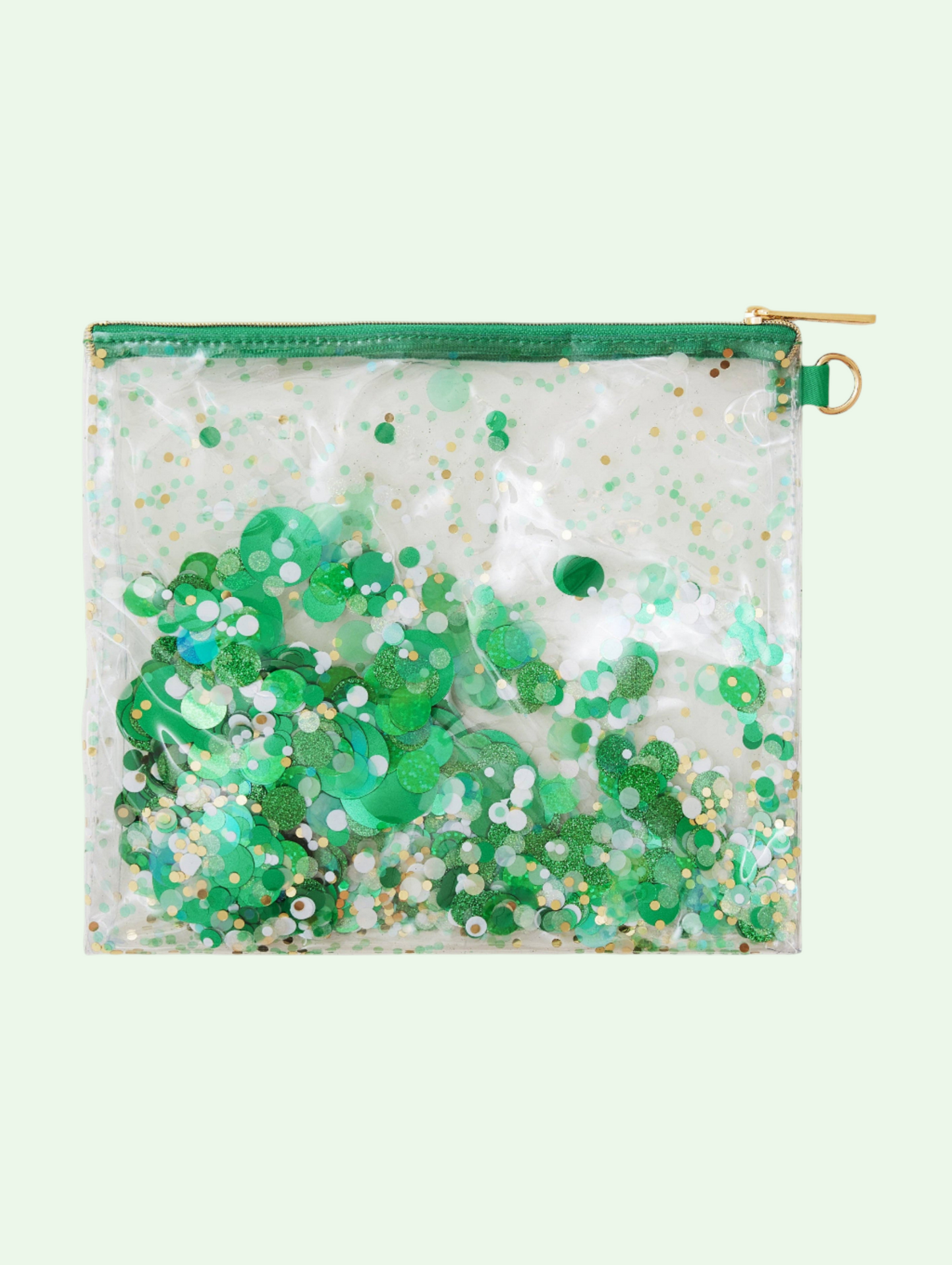 Clear pouch with green glitter on a white background