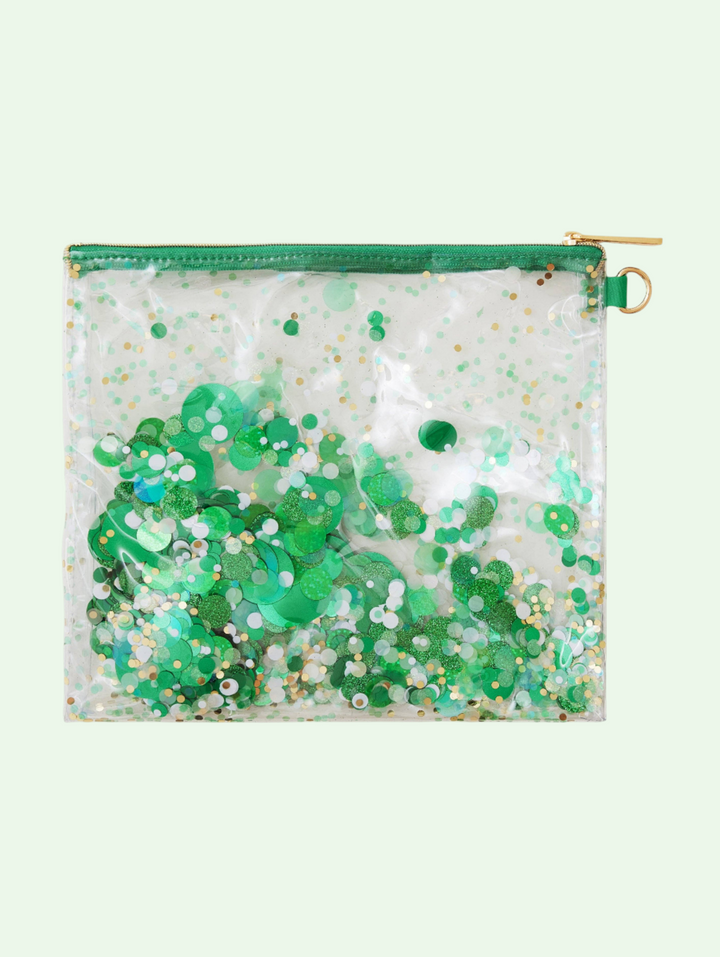 Clear pouch with green glitter on a white background