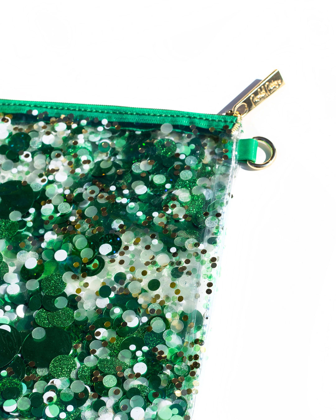 Green glittery pouch with a gold zipper on a white background