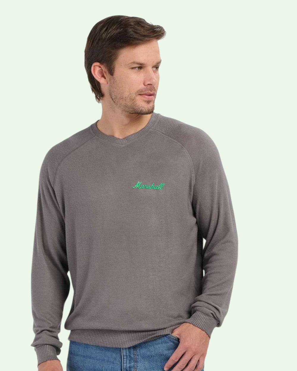 Man wearing a gray sweatshirt with a green logo on a light green background