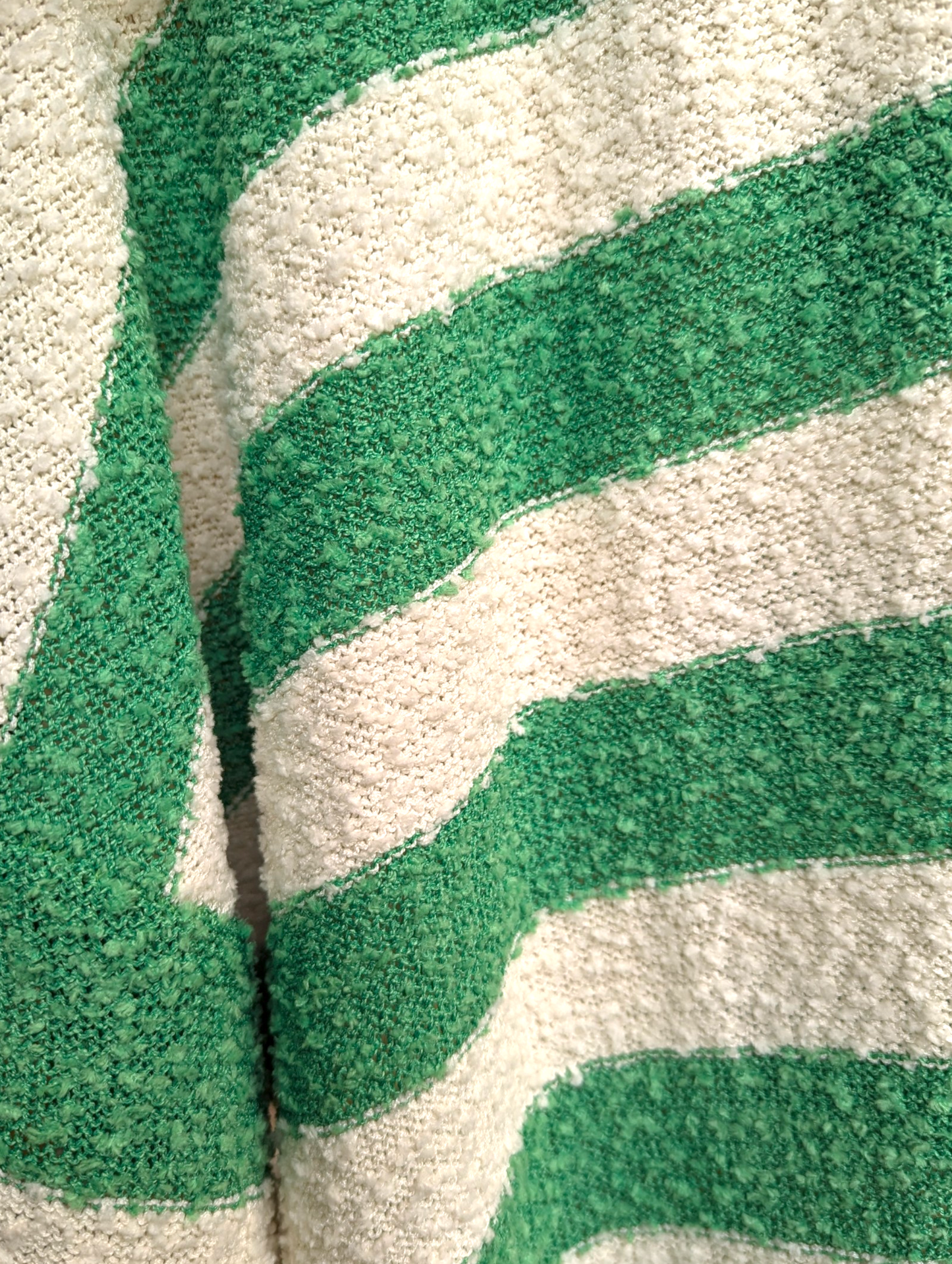 Close-up of a green and white striped patterned cardigan