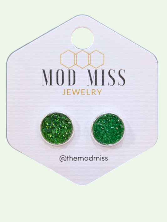 studio shot of the green druzy stud earrings