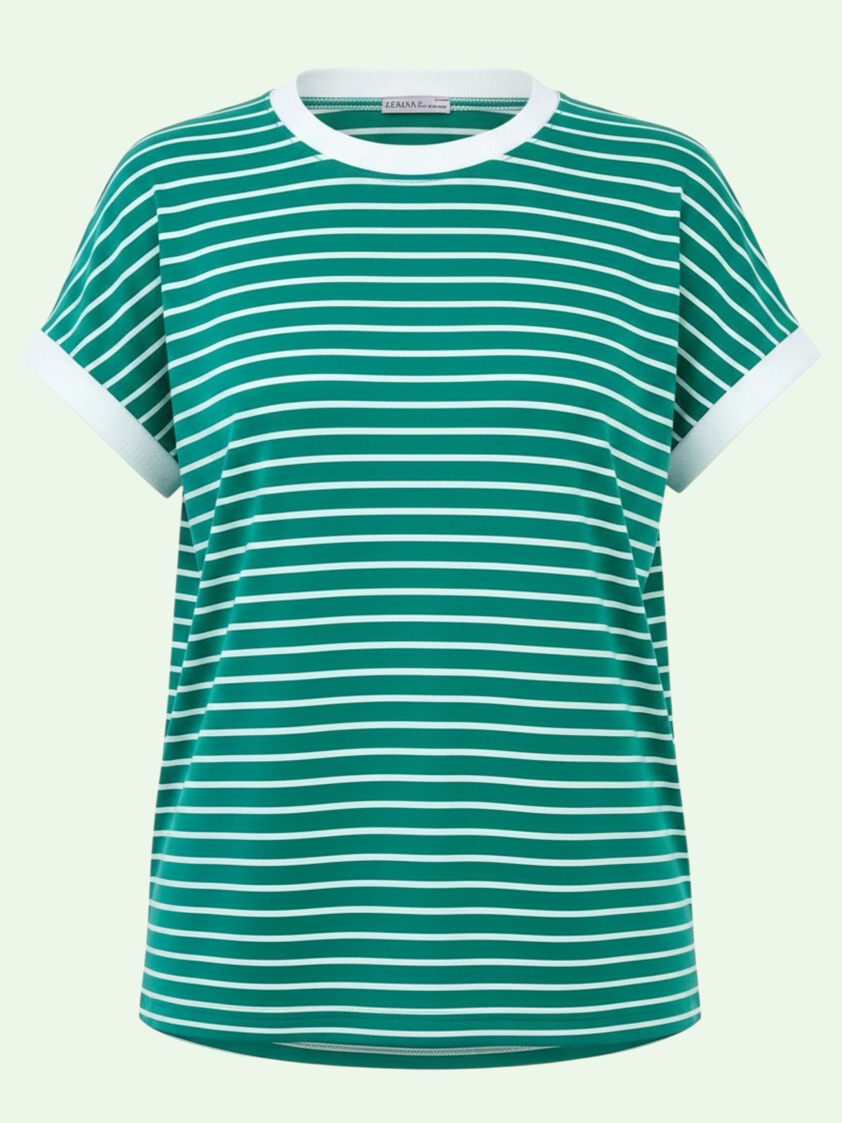 A short-sleeve ringer t-shirt with horizontal green and white stripes, featuring a solid white crew neck and sleeve cuffs, displayed against a pale green background.