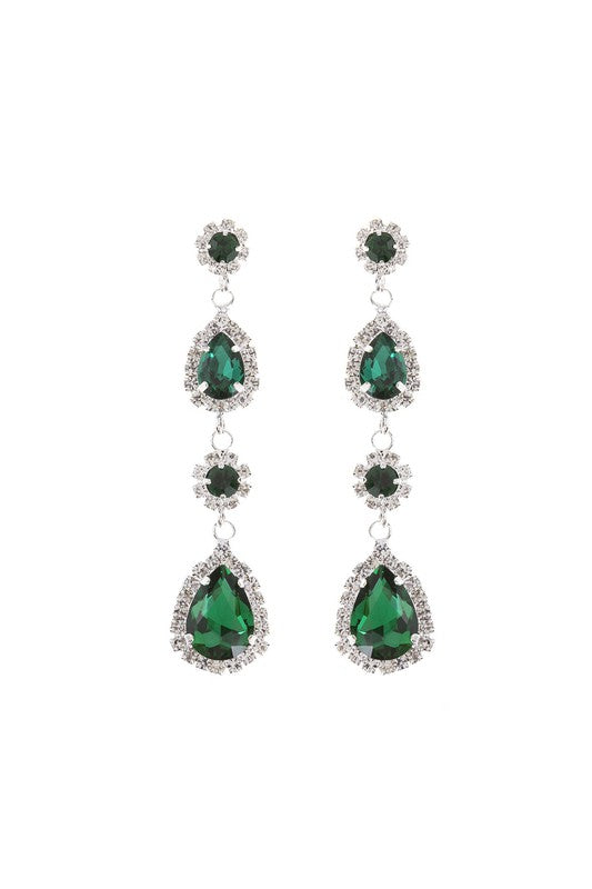 emerald green earrings with posts and 3 sections below of alternating teardrop shapes and round stones