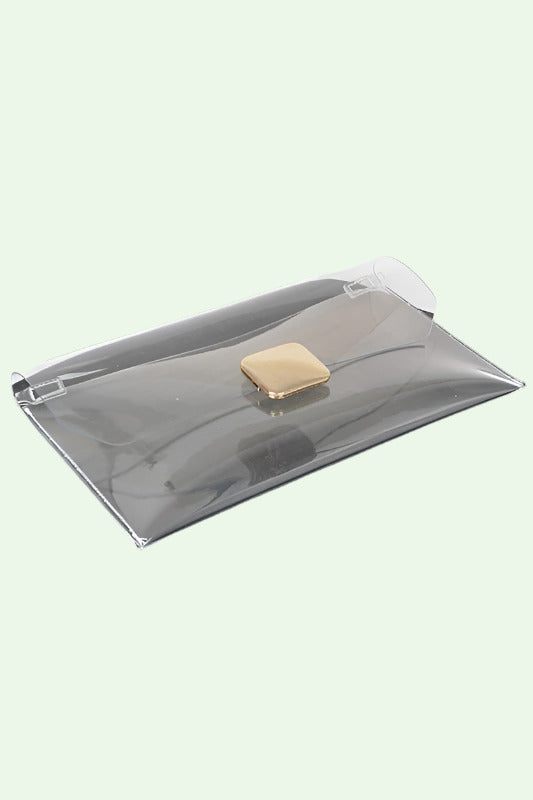 Clear pouch with gold clasp on a black surface