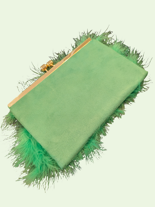 a back view of the feathered handbag, showing us the smooth suede side 