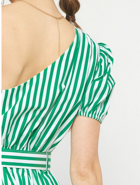 back view of the fiona Green and white striped dress on a plain background