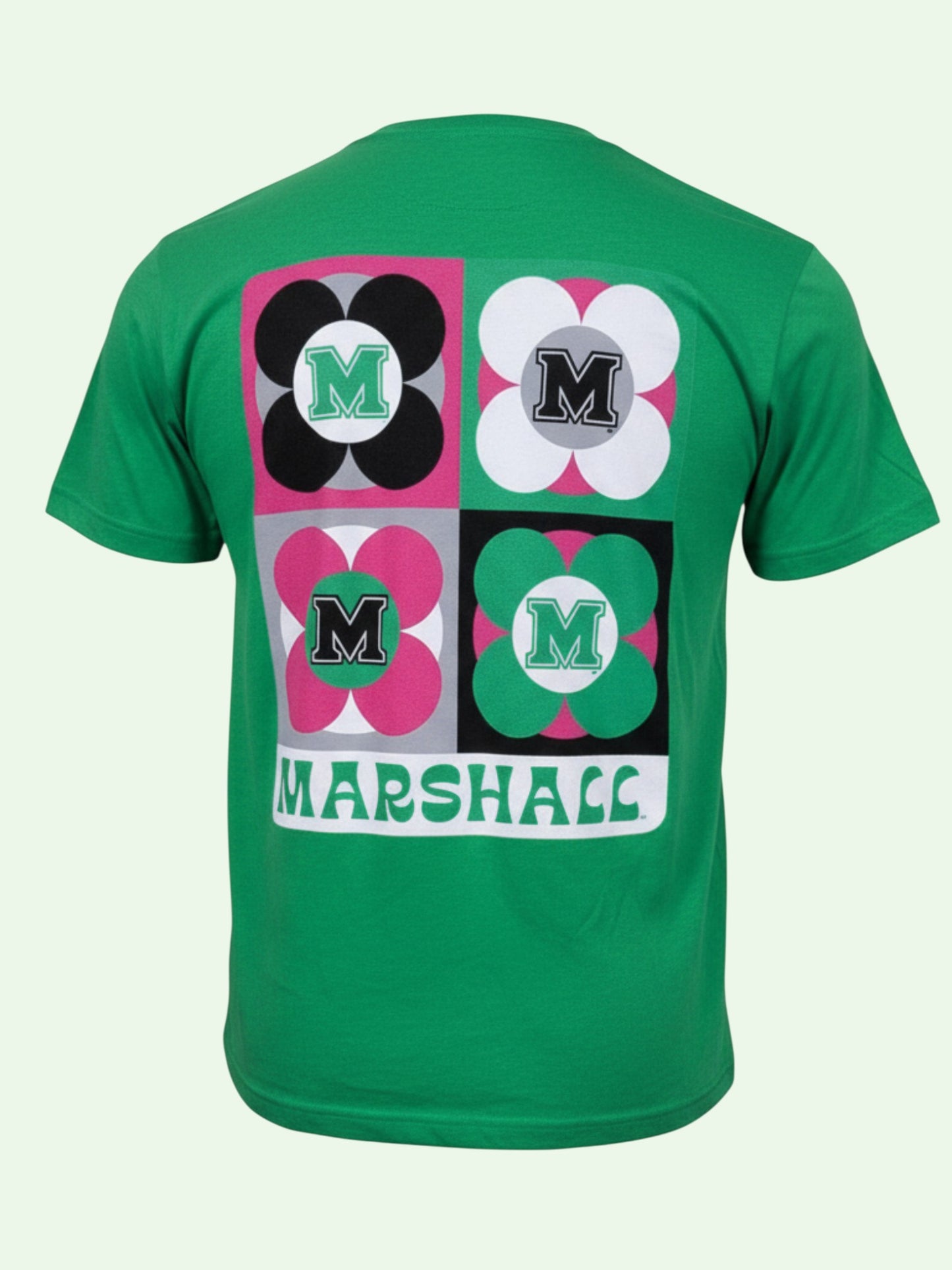 Green t-shirt with floral design and 'Marshall' text on a white background