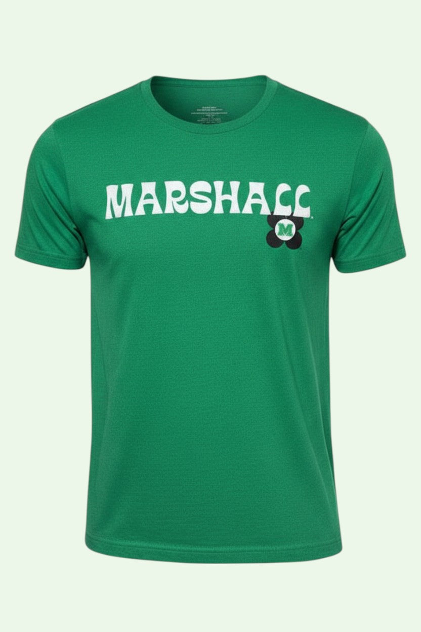 Green t-shirt with 'MARSHALL' printed on it against a white background